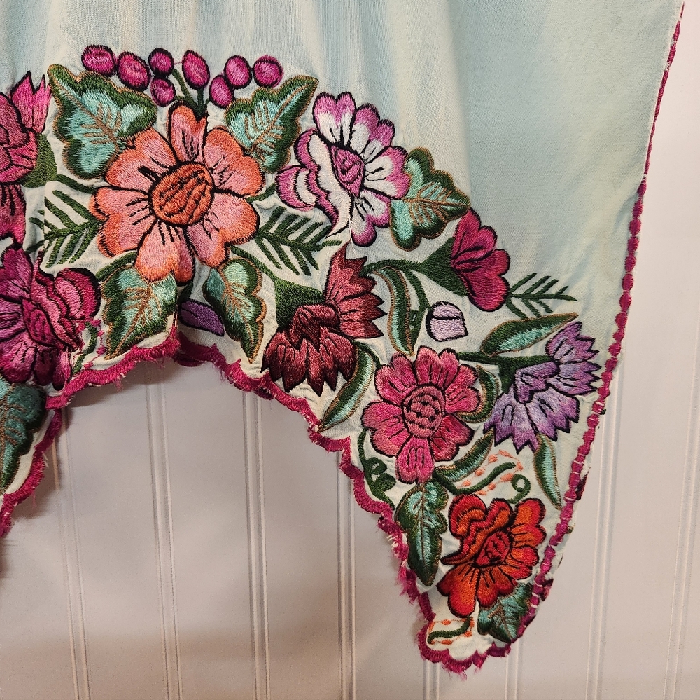 Women's Mint Embroidered Floral Arch Hem Linen Tunic Top Size L Handmade Artsy - Picture 6 of 11